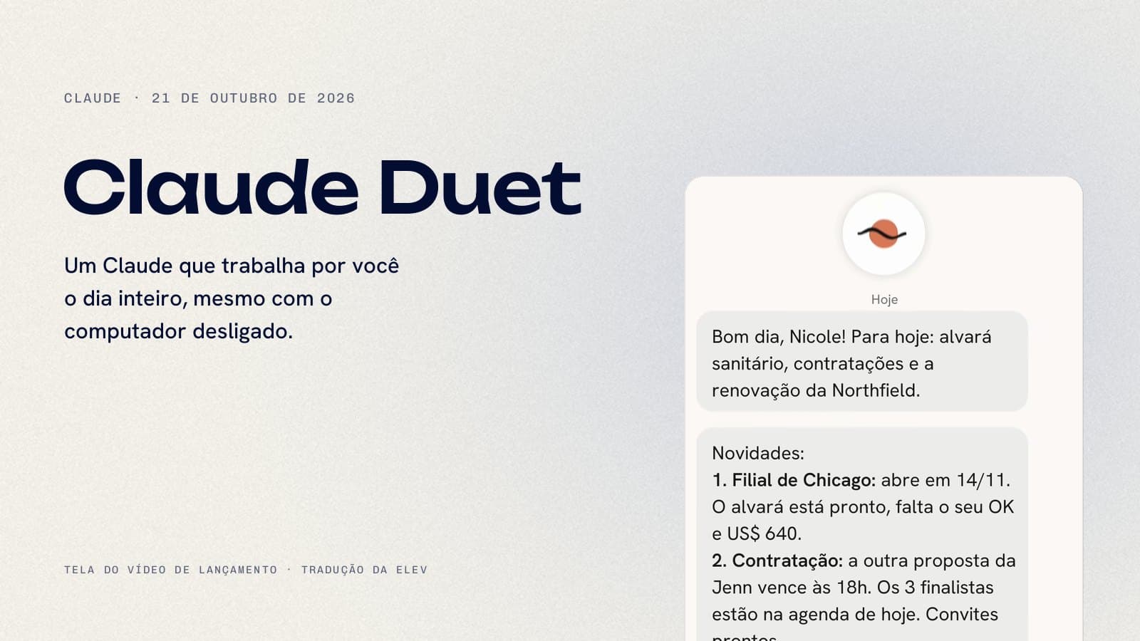 Capa com o título Claude Duet e a tela do resumo da manhã do aplicativo, traduzida para o português.