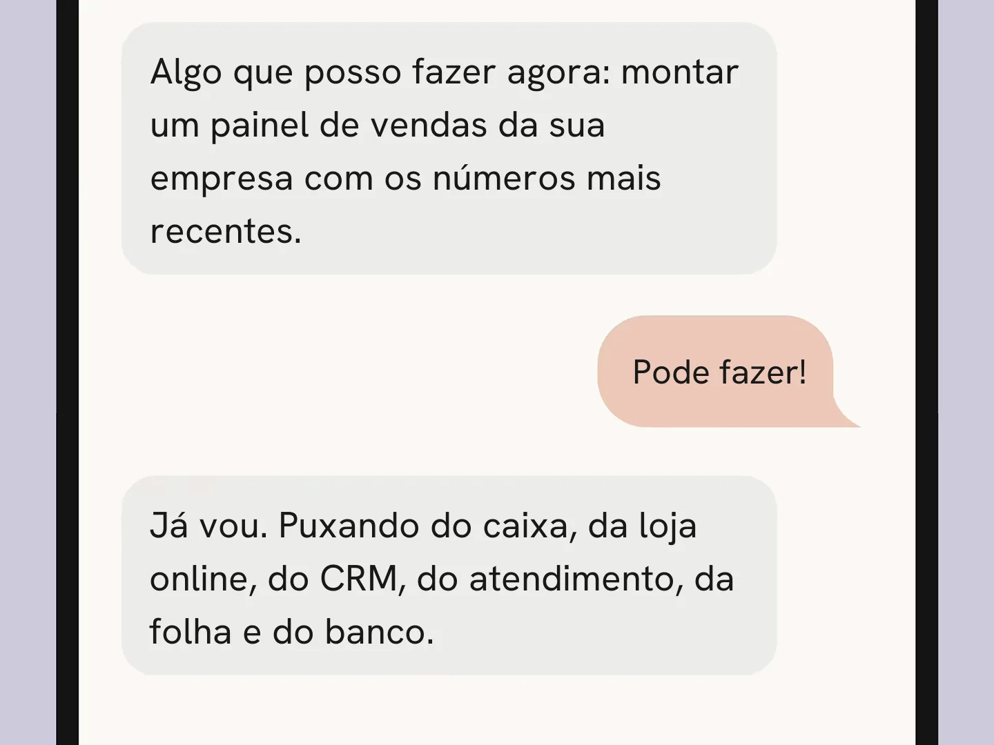 Tela do Claude Duet em que a pessoa pede um painel de vendas e ele responde que vai puxar dados do caixa, da loja online, do CRM, do atendimento, da folha e do banco.