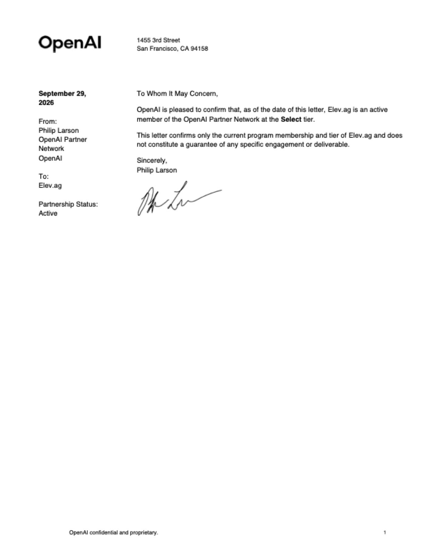 Certificado OpenAI Select Partner: carta da OpenAI confirmando que a Elev é membro ativo do OpenAI Partner Network no nível Select.